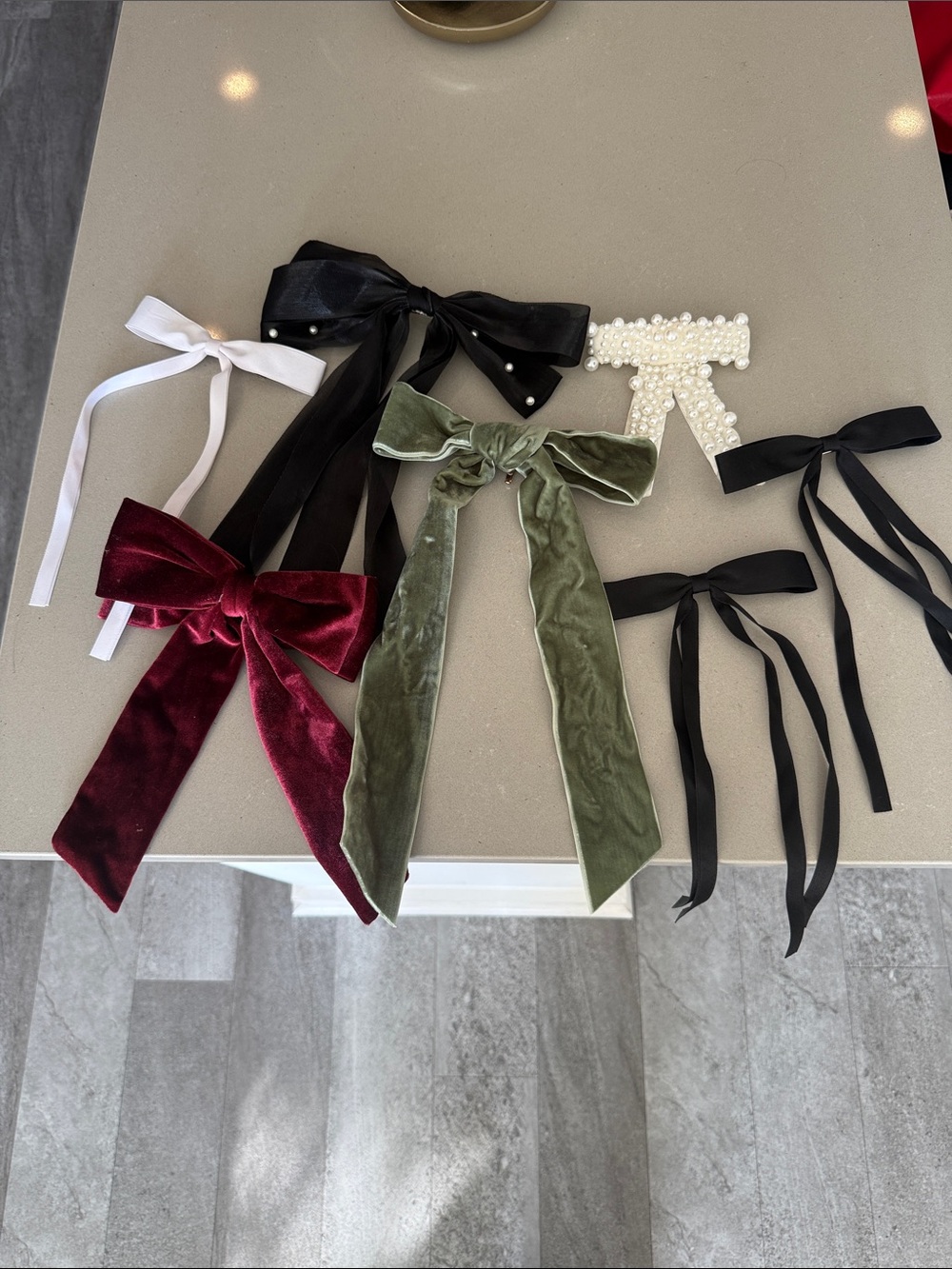 Velvet and Ribbon Hair Bow Set - Olive, Burgundy, Black, White, Pearl Accent